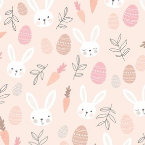 Adorable spring bunnies Easter eggs and carrots kids illustration design pastel boho orange pink blush girls 