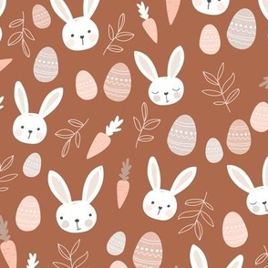 Adorable spring bunnies Easter eggs and carrots kids illustration design pastel boho blush on brick red sienna 