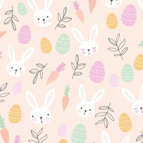 Adorable spring bunnies Easter eggs and carrots kids illustration design pastel pink mint yellow on blush beige 