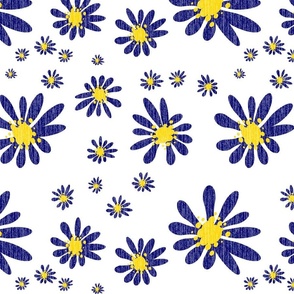 White Denim and Daisy Flowers with Grasscloth Texture Bold Abstract Modern Bold Navy Blue 000066 Golden Yellow FFD500 and White FFFFFF