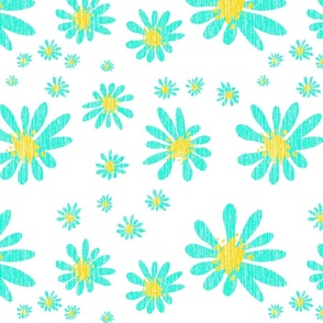 White Denim and Daisy Flowers with Grasscloth Texture Bold Abstract Modern Bright Turquoise Blue Green 00FFD5 Golden Yellow FFD500 and White FFFFFF