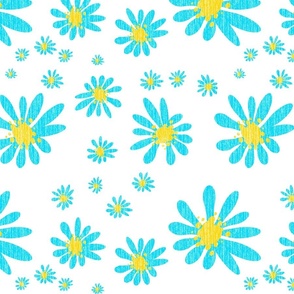 White Denim and Daisy Flowers with Grasscloth Texture Bold Abstract Modern Bold Capri Blue 00D5FF Golden Yellow FFD500 and White FFFFFF