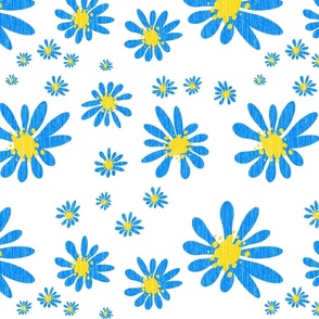White Denim and Daisy Flowers with Grasscloth Texture Bold Abstract Modern Azure Blue 0080FF Golden Yellow FFD500 and White FFFFFF