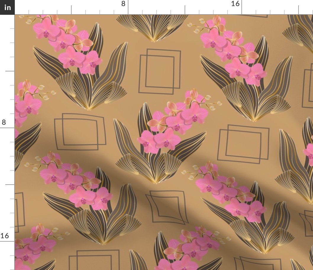 Luxury gold line art, blooming orchids, beige background.