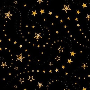 Swirling Stars Sparkle Gold on Black - small scale