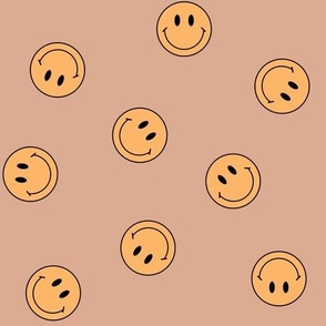 Tossed Muted Smiley Faces in Yellow on Brown 