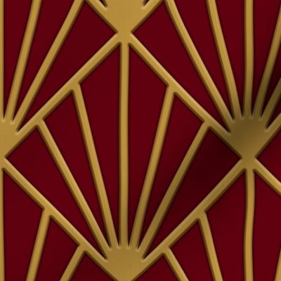 ART DECO FANS WITH 3D EFFECT - GOLD ON CRIMSON