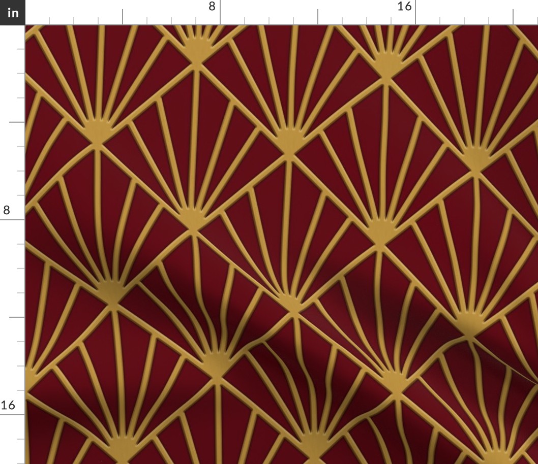 ART DECO FANS WITH 3D EFFECT - GOLD ON CRIMSON