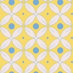 white flower with blue circle on yellow background