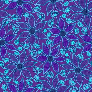  Blue daisies, wild plants, line art, blue background.