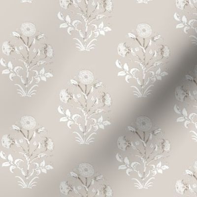 Natural Indian Mughal Flower White on Linen Beige