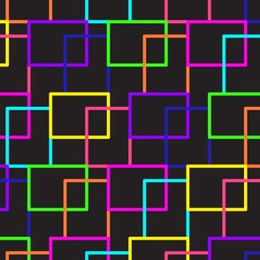 Rectangles, neon green, yellow, orange, pink, blue, purple, turquoise on black (soft corners)