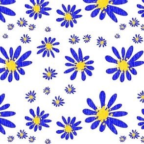 White Denim and Daisy Flowers with Grasscloth Texture Bold Abstract Modern Royal Blue 0000FF Golden Yellow FFD500 and White FFFFFF
