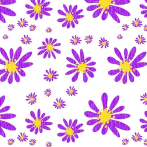 White Denim and Daisy Flowers with Grasscloth Texture Bold Abstract Modern Bold Violet 8000FF Golden Yellow FFD500 and White FFFFFF