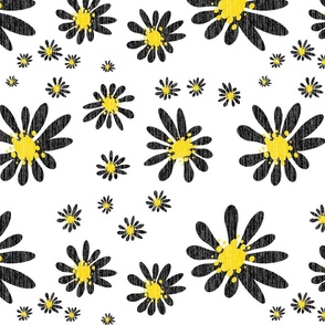White Denim and Daisy Flowers with Grasscloth Texture Bold Abstract Modern Black 000000 Golden Yellow FFD500 and White FFFFFF