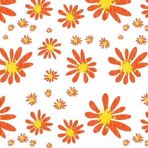 White Denim and Daisy Flowers with Grasscloth Texture Bold Abstract Modern Bold Coral Red Orange FF4000 Golden Yellow FFD500 and White FFFFFF
