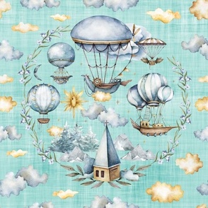 air balloon cloud blue linen