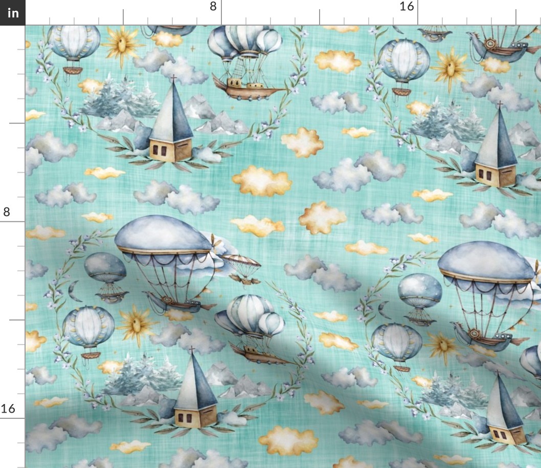 air balloon cloud blue linen