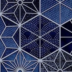 Sashiko Patckwork Indigo Blue Large- Japanese Geometric Embroidery- Navy Blue- Large Scale- Home Decor- Wallpaper- Quilt
