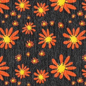 Black Denim and Daisy Flowers with Grasscloth Texture Bold Abstract Modern Black 000000 Golden Yellow FFD500 Bold Coral Red Orange FF4000 and White FFFFFF
