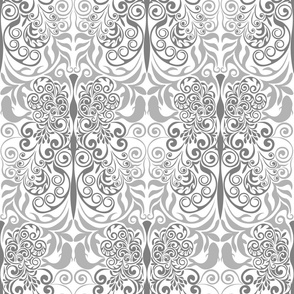 Hand drawn damask style grey  pattern on a white background.