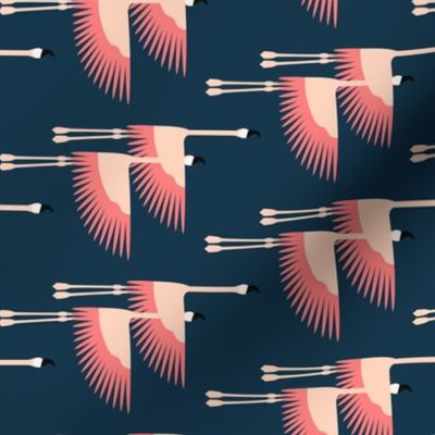 Graceful Flamingo Flight Pink Tones on Navy