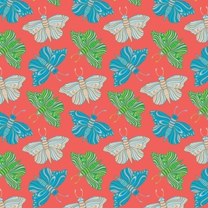 Free Spirits Striped Butterflies Bugs Insects Butterfly in Tropical Green Blue Pink Tan on Coral Red - SMALL Scale - UnBlink Studio by Jackie Tahara