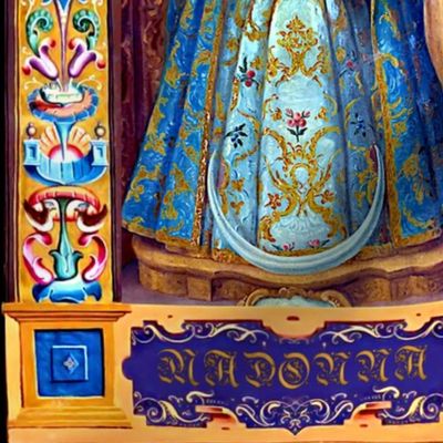 18 colorful Jesus Christ Virgin Mary Christianity Catholic religious mother Madonna child baby motherhood crown floral flowers gown blue dress red scepter gold cherub angels  archway embroidery ornate swag beautiful lady woman Victorian crescent moon 17th