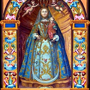 18 colorful Jesus Christ Virgin Mary Christianity Catholic religious mother Madonna child baby motherhood crown floral flowers gown blue dress red scepter gold cherub angels  archway embroidery ornate swag beautiful lady woman Victorian crescent moon 17th