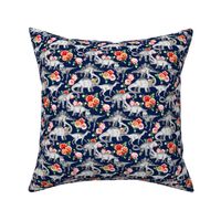 Customer Request Tiny Dinosaurs with Vintage Coral Roses on Navy