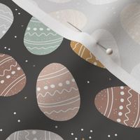 Little Easter eggs boho spring design vintage palette muted beige sage green brown on charcoal gray