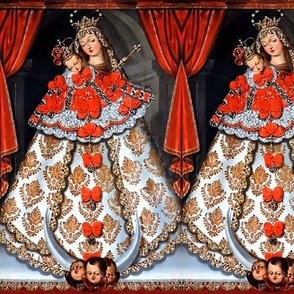 15 red white gold scepter Jesus Christ Virgin Mary Christianity Catholic religious mother Madonna child baby crown floral flowers veil cherub angels crescent moon archway garland lace gown dress  flowers motherhood long hair gems jewels embroidery damask 