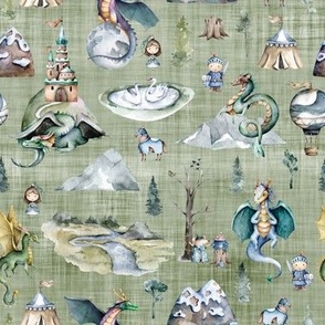 small scale dragon fairy tale green linen