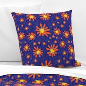 Blue Denim and Daisy Flowers with Grasscloth Texture Bold Abstract Modern Bold Navy Blue 000066 Golden Yellow FFD500 Bold Coral Red Orange FF4000 and White FFFFFF