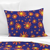 Blue Denim and Daisy Flowers with Grasscloth Texture Bold Abstract Modern Bold Navy Blue 000066 Golden Yellow FFD500 Bold Coral Red Orange FF4000 and White FFFFFF