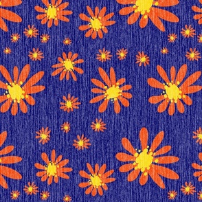 Blue Denim and Daisy Flowers with Grasscloth Texture Bold Abstract Modern Bold Navy Blue 000066 Golden Yellow FFD500 Bold Coral Red Orange FF4000 and White FFFFFF