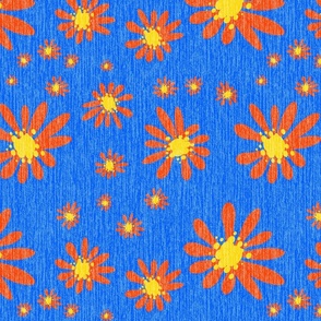 Blue Denim and Daisy Flowers with Grasscloth Texture Bold Abstract Modern Cobalt Blue 005CFF Golden Yellow FFD500 Bold Coral Red Orange FF4000 and White FFFFFF