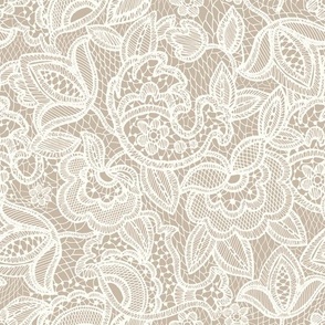 Taupe Lace Fabric, Wallpaper and Home Decor