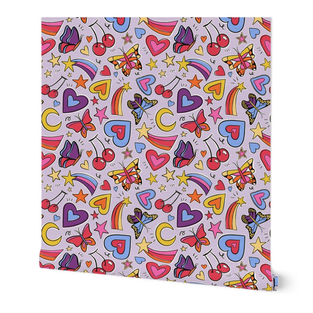 Y2K - 2000s doodles - Stars, hearts, butterflies, cherries - purple - medium
