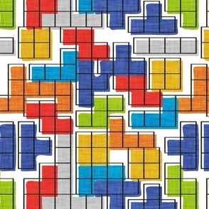 Small scale // Game is not over // white background blue red orange shade green grey and mustard yellow tetrominos four square blocks