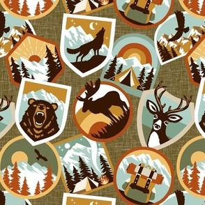 Badges Flannel, Bear Flannel Fabric, Patches Print Woodland Fabric