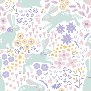 Bunny rabbits jumping in spring flowers Easter baby design for fabric, table linen, quilting