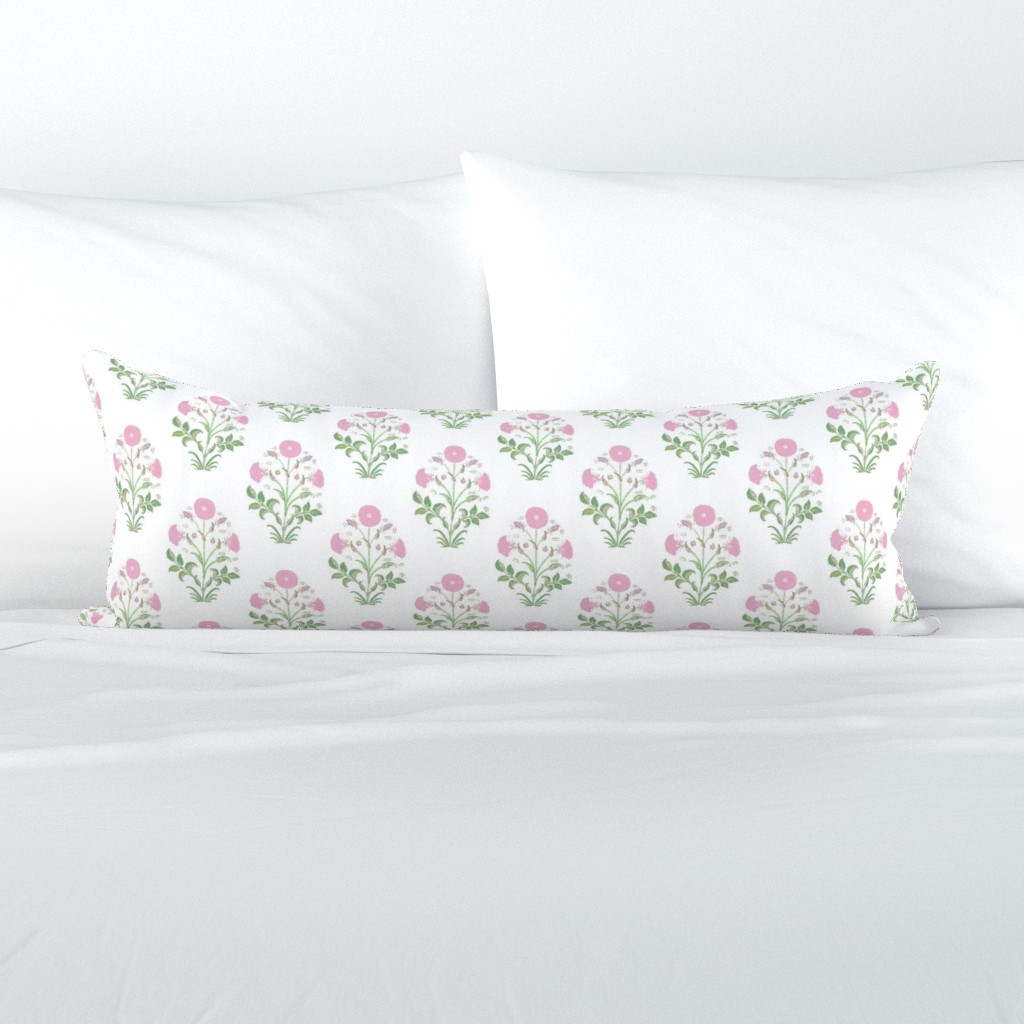 Light Pink and Green Indian Flower Block Print