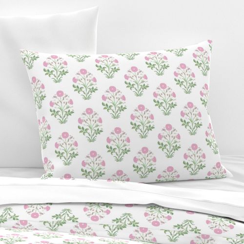 Light Pink and Green Indian Flower Block Print