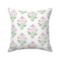 Light Pink and Green Indian Flower Block Print