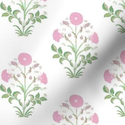 Light Pink and Green Indian Flower Block Print
