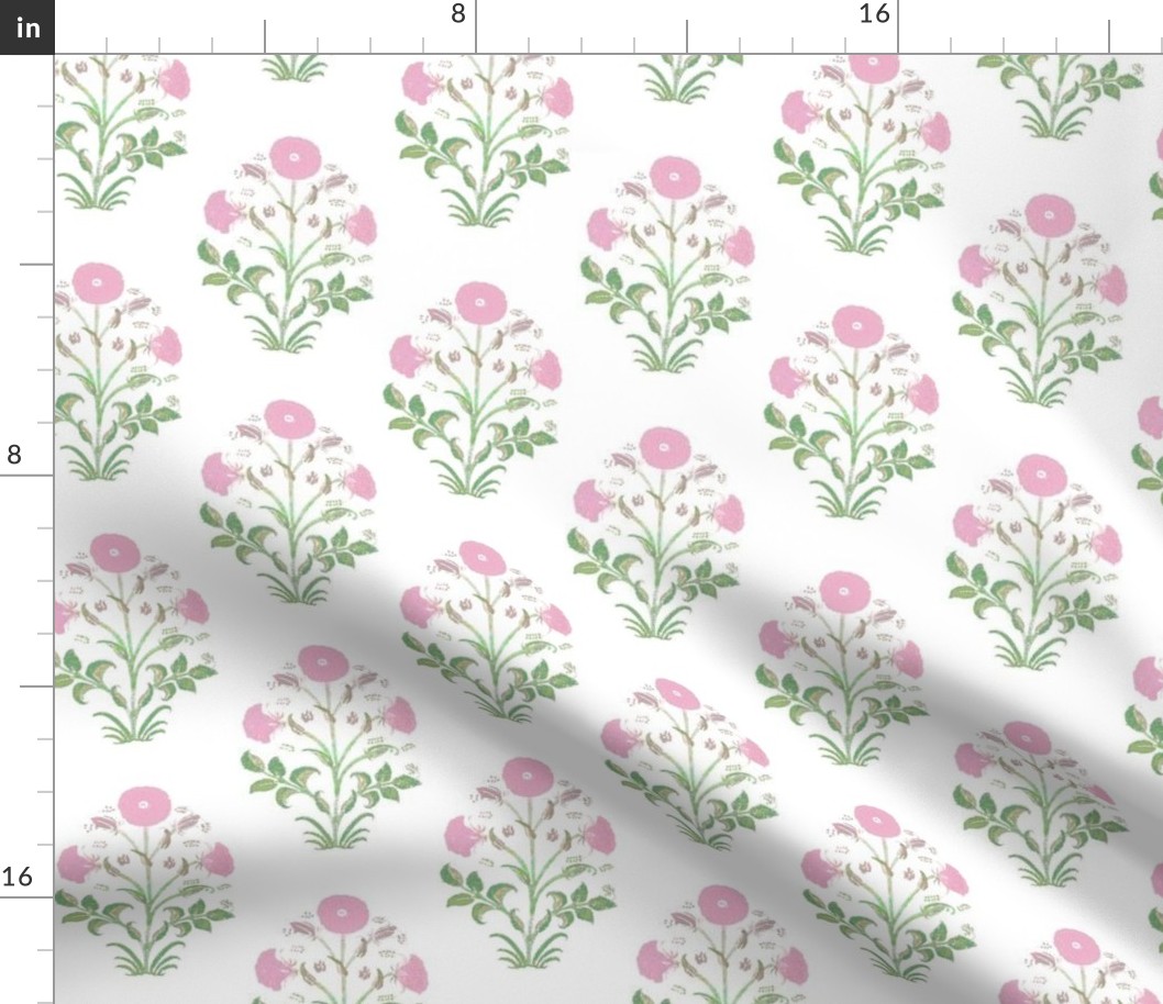 Light Pink and Green Indian Flower Block Print