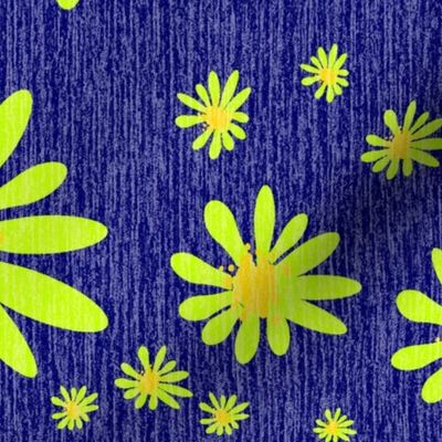 Blue Denim and Daisy Flowers with Grasscloth Texture Bold Abstract Modern Bold Navy Blue 000066 Golden Yellow FFD500 Electric Lime Green D4FF00 and White FFFFFF