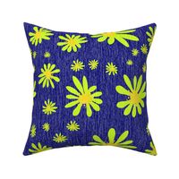 Blue Denim and Daisy Flowers with Grasscloth Texture Bold Abstract Modern Bold Navy Blue 000066 Golden Yellow FFD500 Electric Lime Green D4FF00 and White FFFFFF