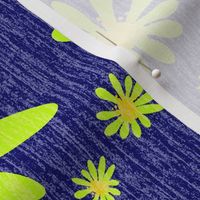 Blue Denim and Daisy Flowers with Grasscloth Texture Bold Abstract Modern Bold Navy Blue 000066 Golden Yellow FFD500 Electric Lime Green D4FF00 and White FFFFFF